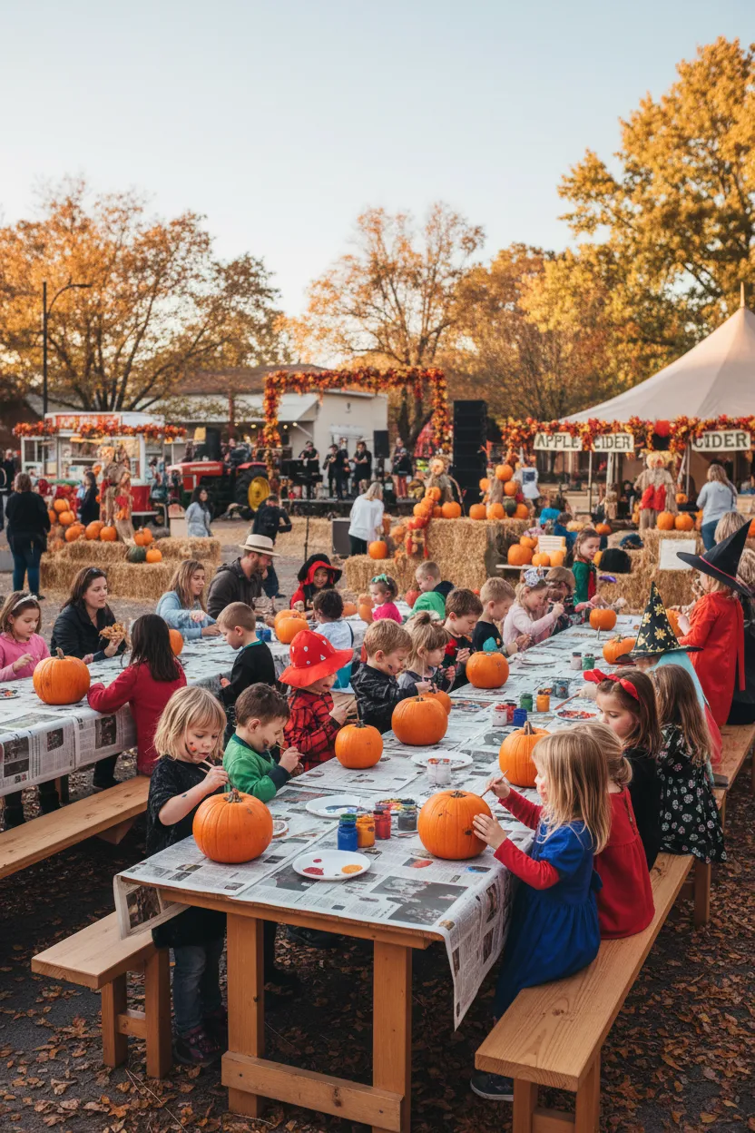 Autumn festival in Paw Paw, children in costumes, pumpkin painting, festive decorations, 2:3 aspect ratio