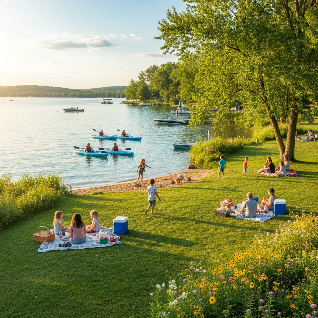 Scenic Paw Paw lakefront with families picnicking, children playing, and kayaks on the water, sunny day, 1:1 aspect ratio