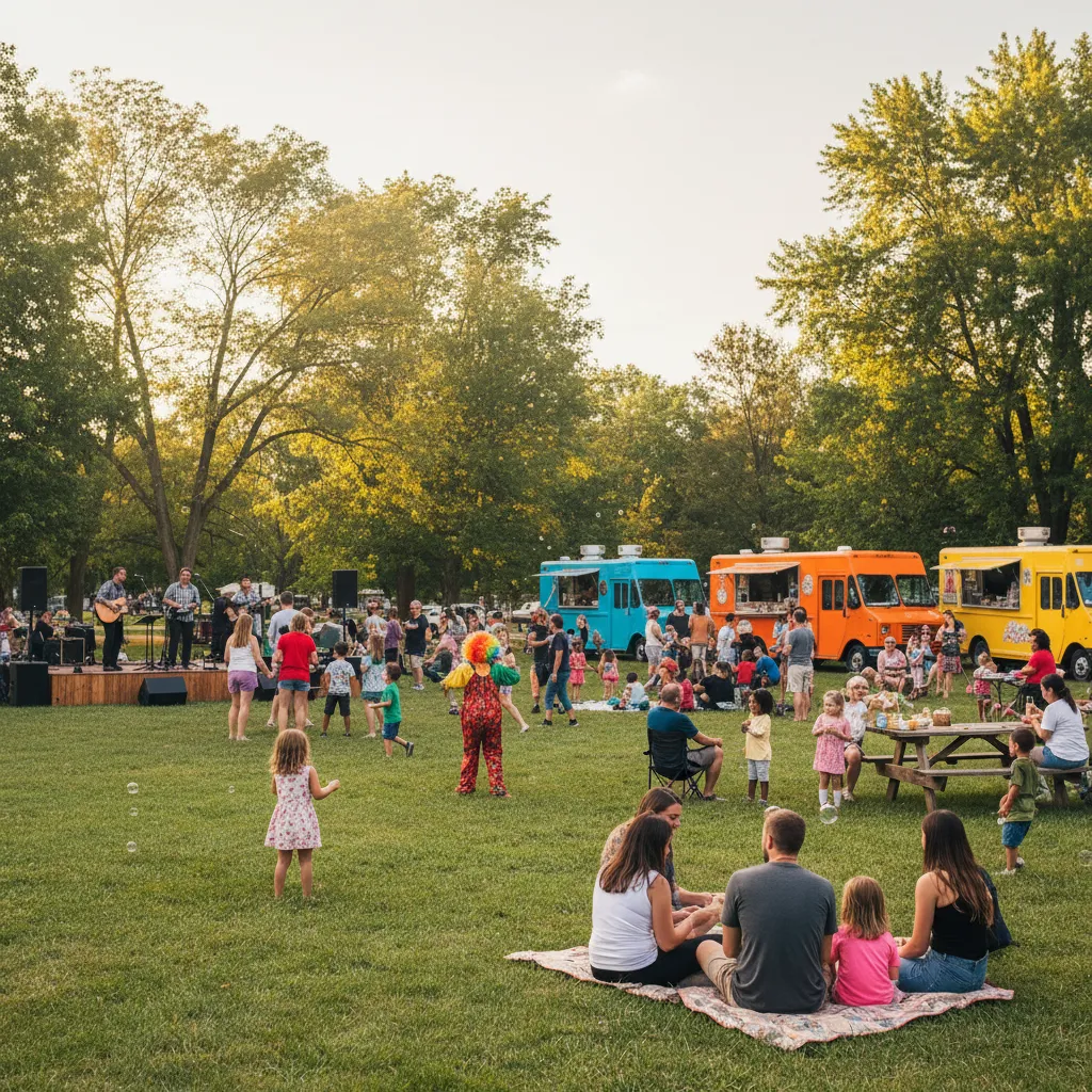 Community event in Paw Paw park, diverse group of residents enjoying live music and food trucks, festive atmosphere, 1:1 aspect ratio