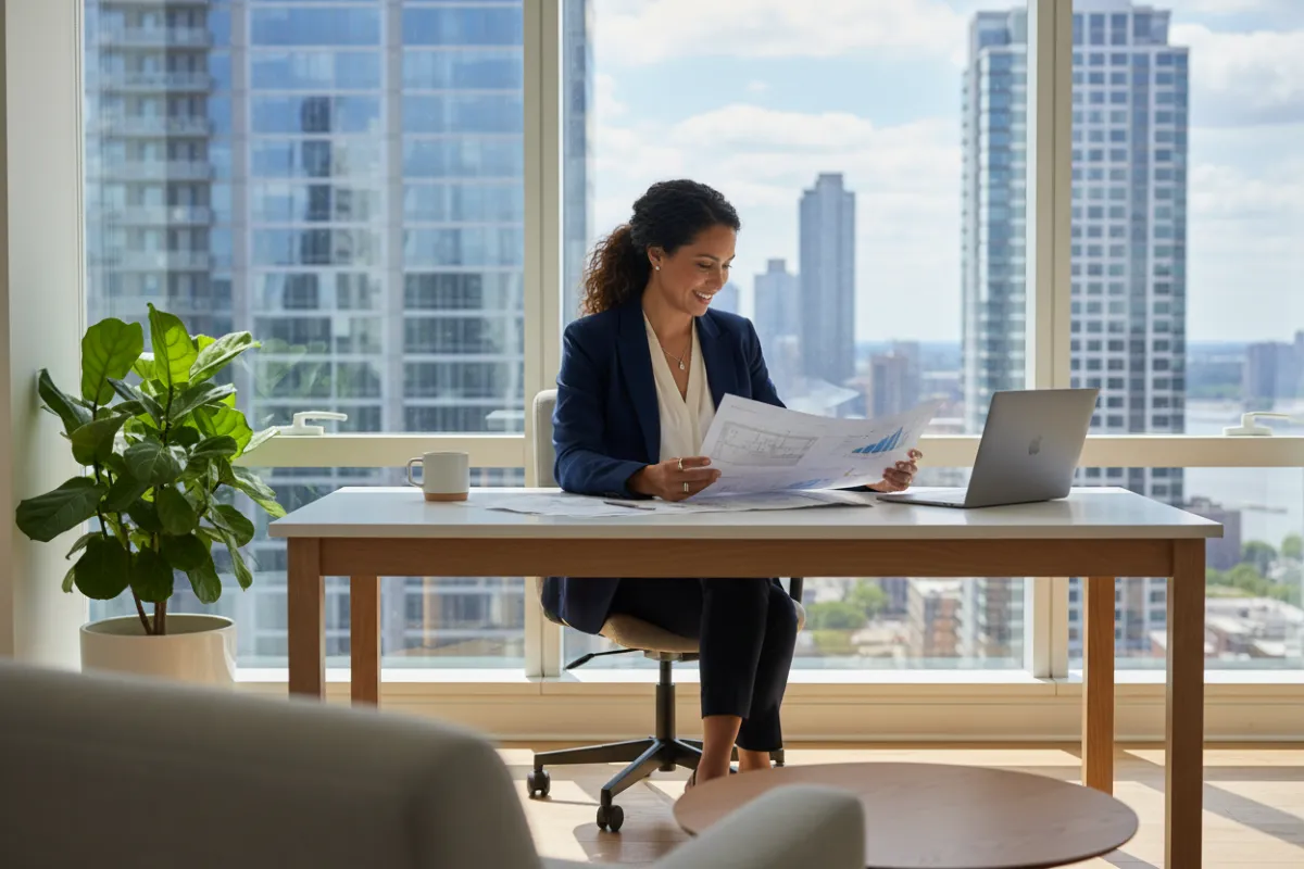 A professional real estate agent sits at a modern desk, reviewing documents and smiling warmly. The office features large windows with city views, natural light, and a welcoming atmosphere. The agent is mid-30s, diverse, and approachable. 3:2 aspect ratio.