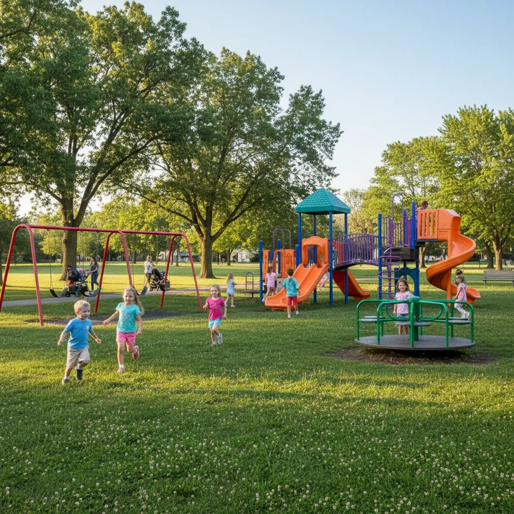 A sunlit playground in Schoolcraft, MI, with children playing on colorful equipment, surrounded by green grass and tall trees. The background features a clear blue sky and a nearby walking path, creating a lively, family-friendly atmosphere.