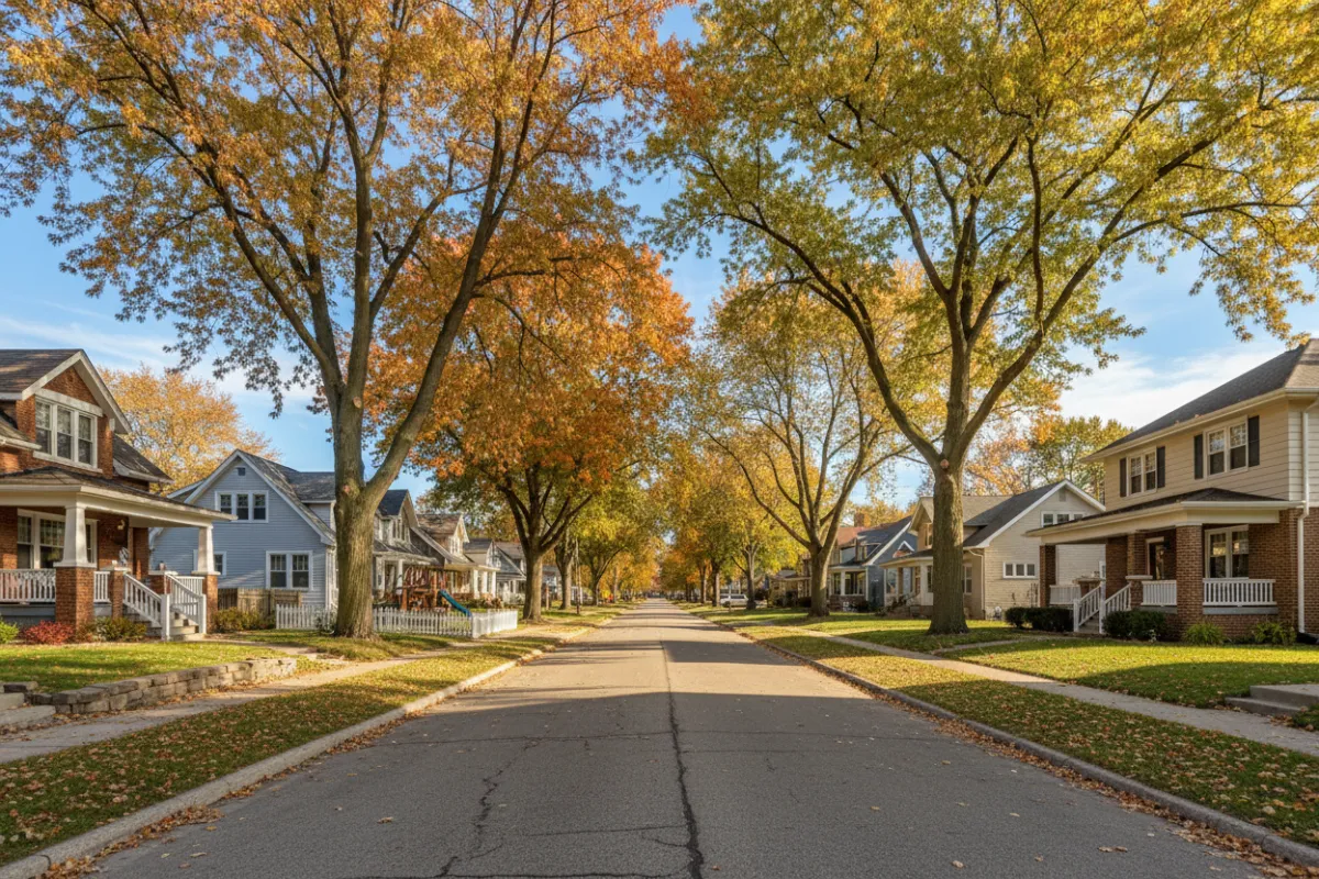 A panoramic, sunlit view of a tree-lined Galesburg neighborhood street, featuring a mix of classic and modern homes with manicured lawns, autumn foliage, and a clear blue sky. The scene conveys a welcoming, family-friendly atmosphere unique to small-town Michigan.
