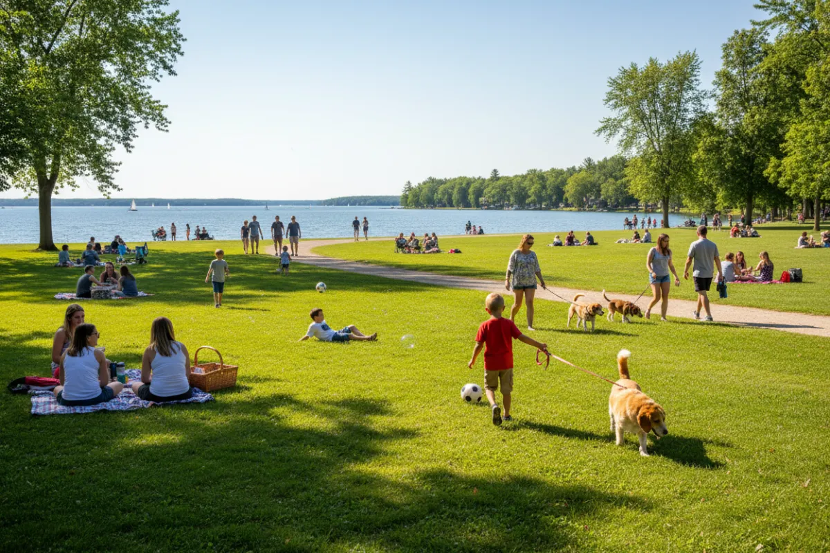 Families enjoying Gull Lake Park, children playing, and people walking dogs on a sunny day in Richland, MI