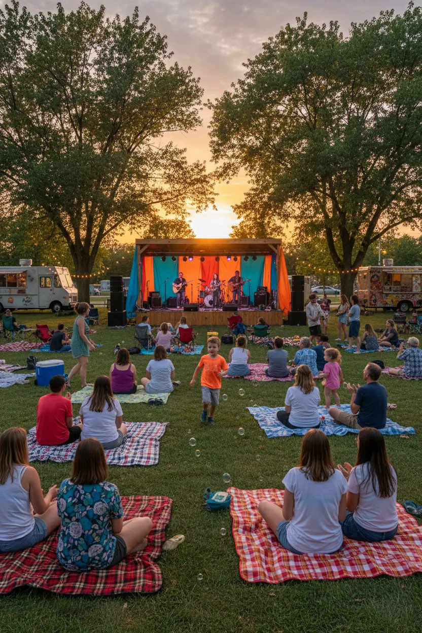 Outdoor summer concert in Paw Paw park, local band performing, families on picnic blankets, 2:3 aspect ratio