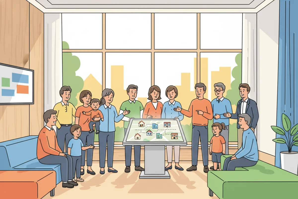 A vibrant flat illustration showing a diverse group of local residents—families, young professionals, and seniors—gathered around a large digital map with real estate icons, set in a sunlit community center with modern decor and large windows.
