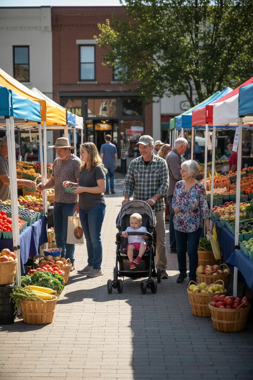 Farmers market in Paw Paw, vendors with fresh produce, families shopping, sunny morning, 2:3 aspect ratio
