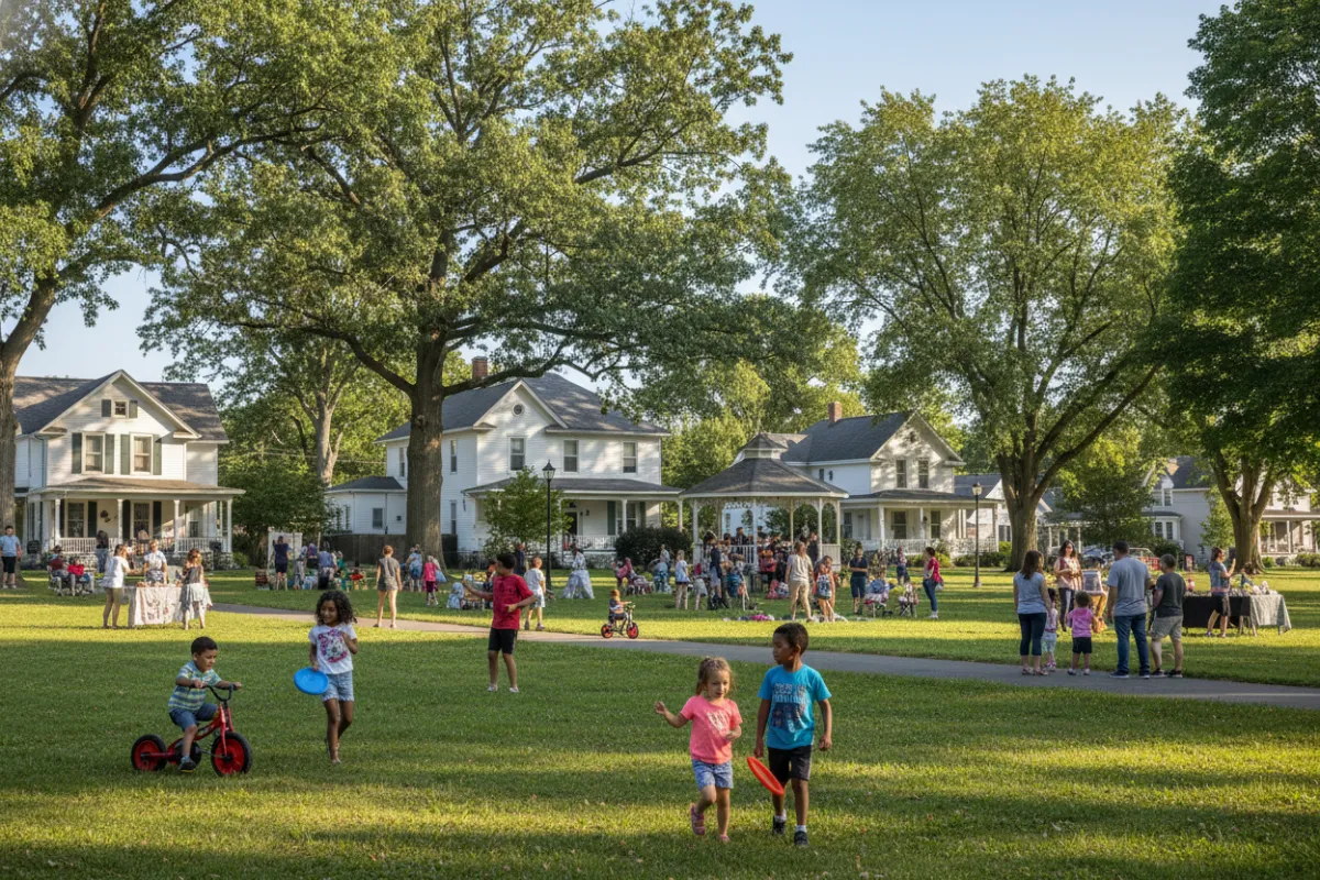 A lively community event in Schoolcraft, MI, with families and children enjoying outdoor activities in a green park, surrounded by mature trees and historic homes. The scene is bright, cheerful, and captures the welcoming spirit of the town.