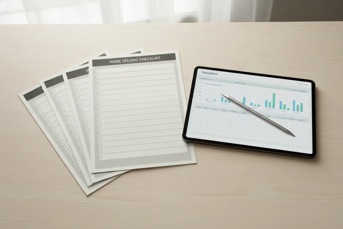 A flat lay of printed home selling checklists, a digital tablet displaying a valuation worksheet, and a pen, all arranged on a light wooden table with soft daylight.