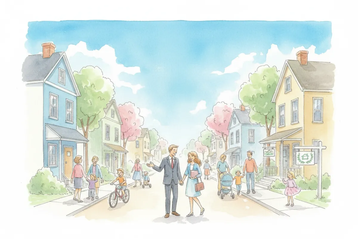 A watercolor illustration depicting a lively neighborhood street with families walking, a real estate agent chatting with a couple, and homes with 'For Sale' and 'Sold' signs, all under a bright sky, evoking a sense of community and change.