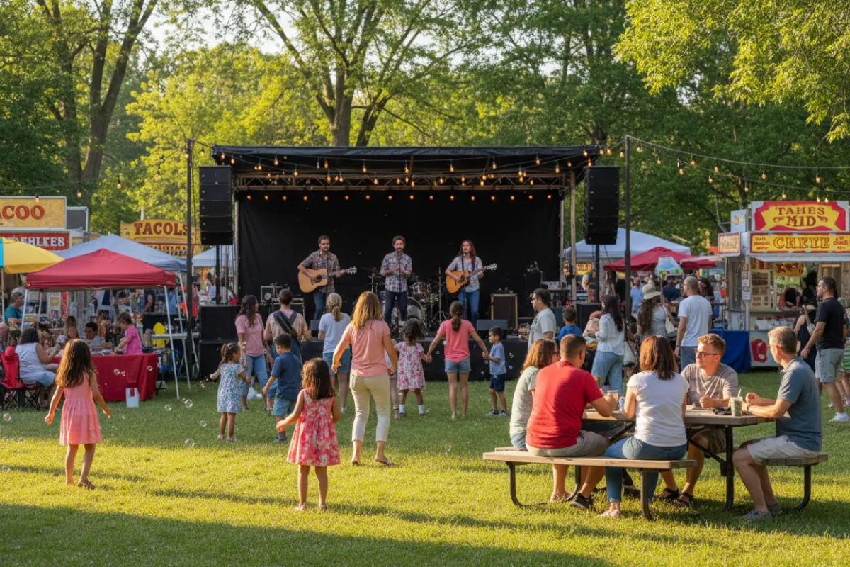Galesburg community park with families enjoying a summer festival, food stalls, and live music under string lights.