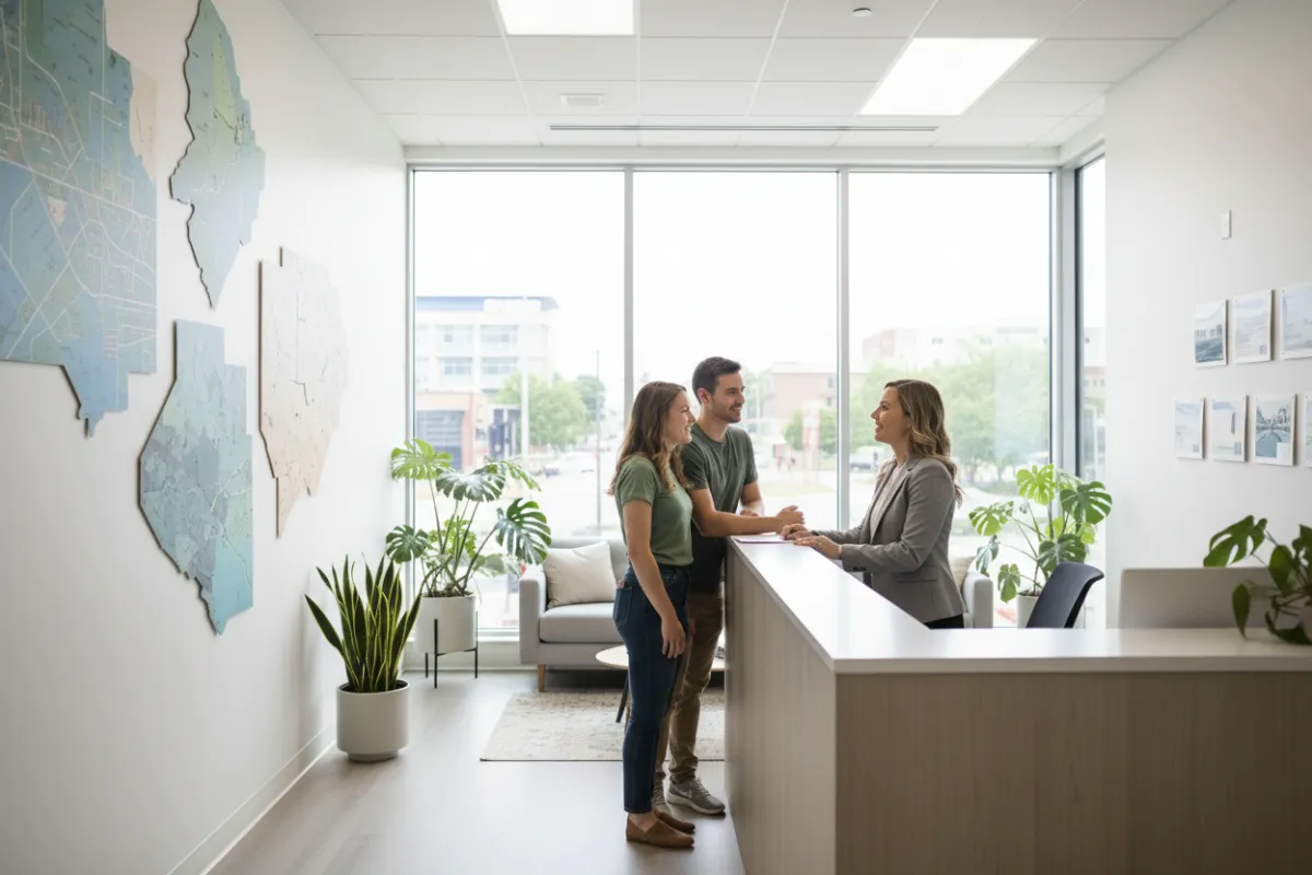 Modern real estate office interior in Portage: a friendly agent greets a young couple at a reception desk, with large windows, indoor plants, and local maps on the wall. Bright, welcoming, 3:2 aspect ratio.