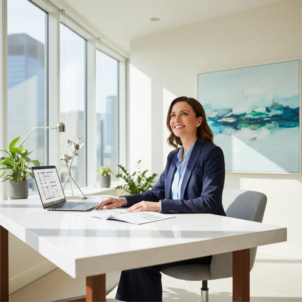 A professional real estate agent sitting at a desk with a laptop, reviewing property documents and smiling, ready to assist clients. The office is bright and modern, conveying trust and expertise.