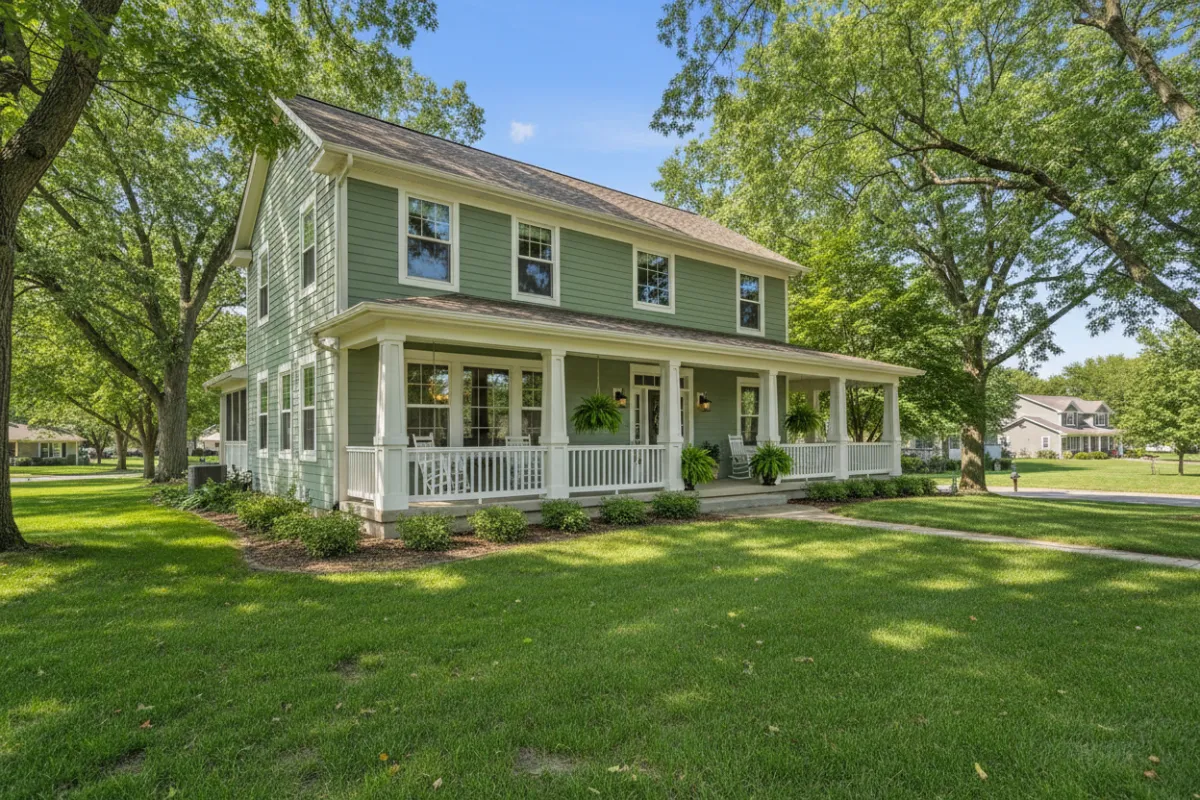 A sunlit Mattawan home with a welcoming porch, surrounded by mature trees and a manicured lawn, evoking a sense of community and comfort.