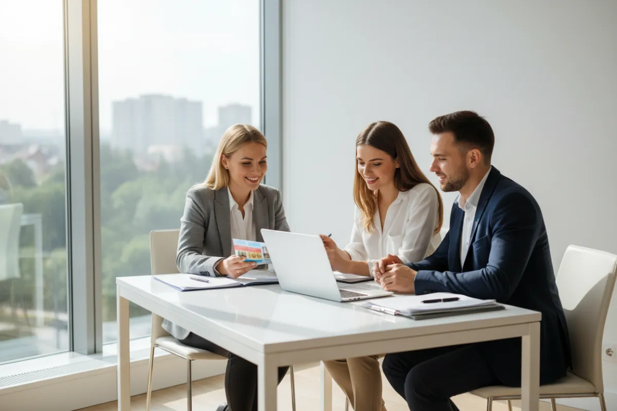 Real estate agent in modern office talking with a couple