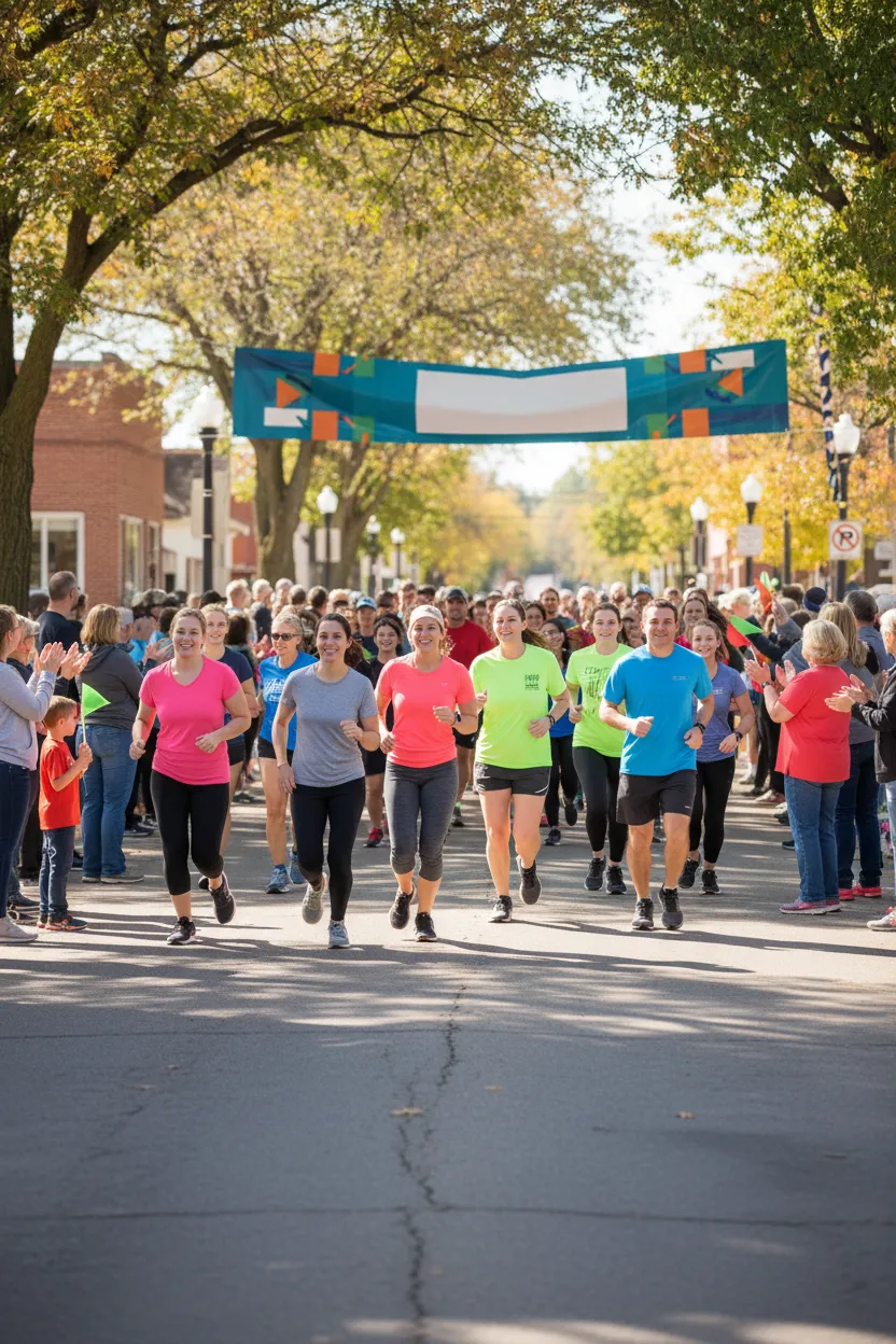 Community fun run in Paw Paw, diverse group of runners, cheering spectators, bright and energetic, 2:3 aspect ratio