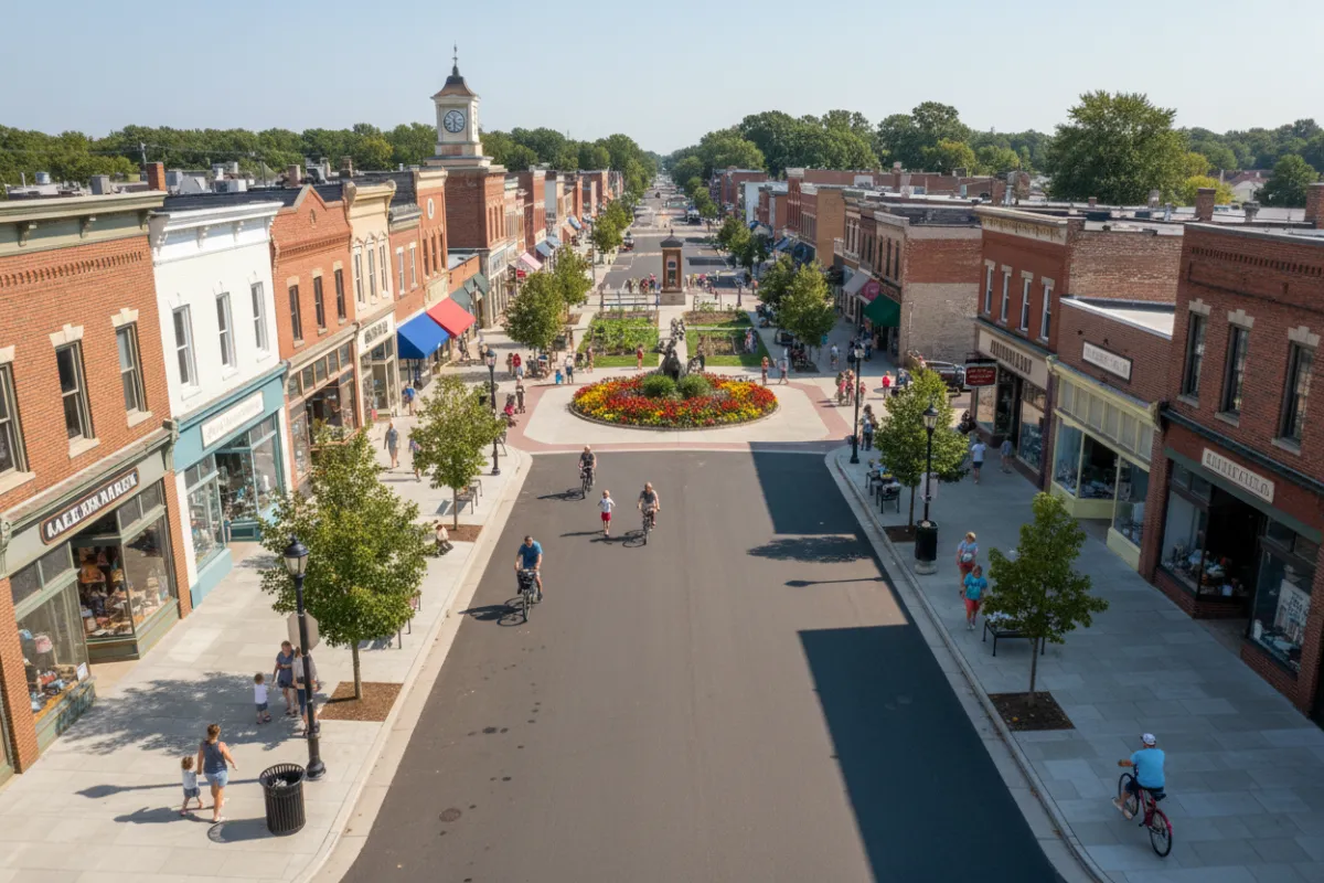 Aerial view of Galesburg’s main street with local shops, green spaces, and families walking on a sunny day.