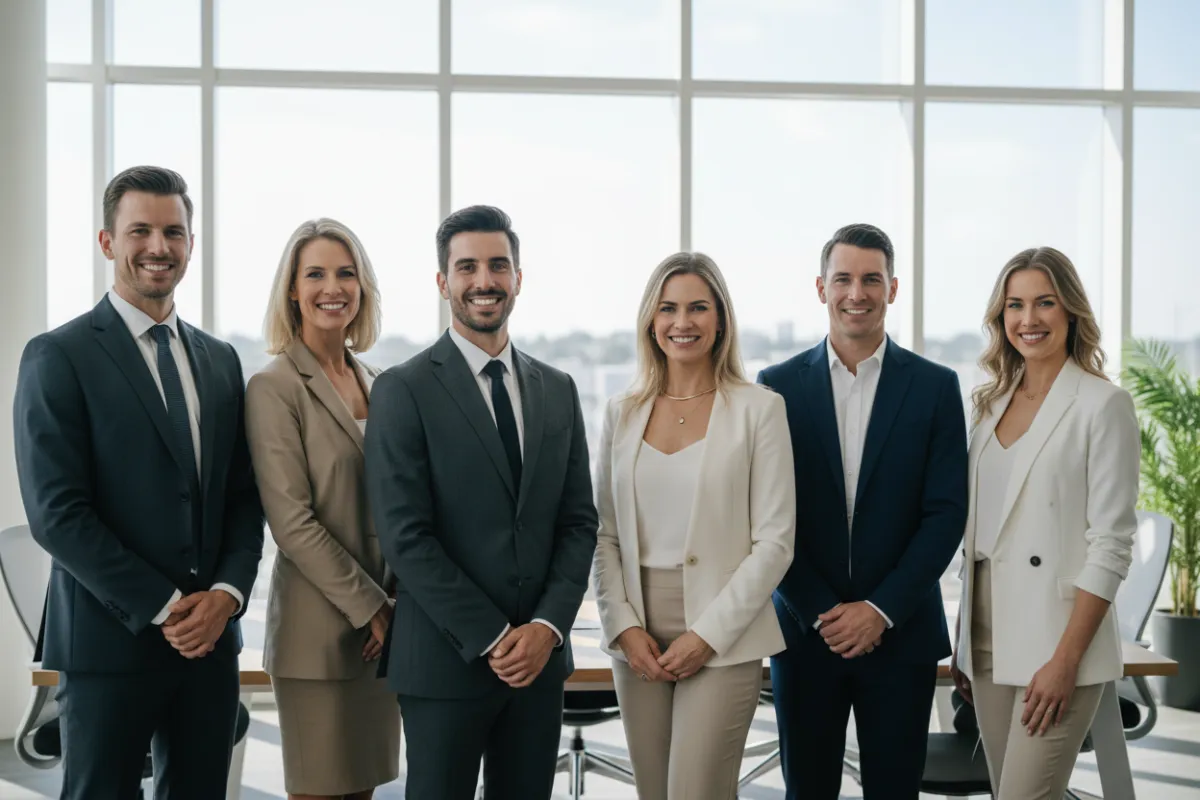 Diverse team of real estate agents in business attire, smiling in a modern office in Richland, MI