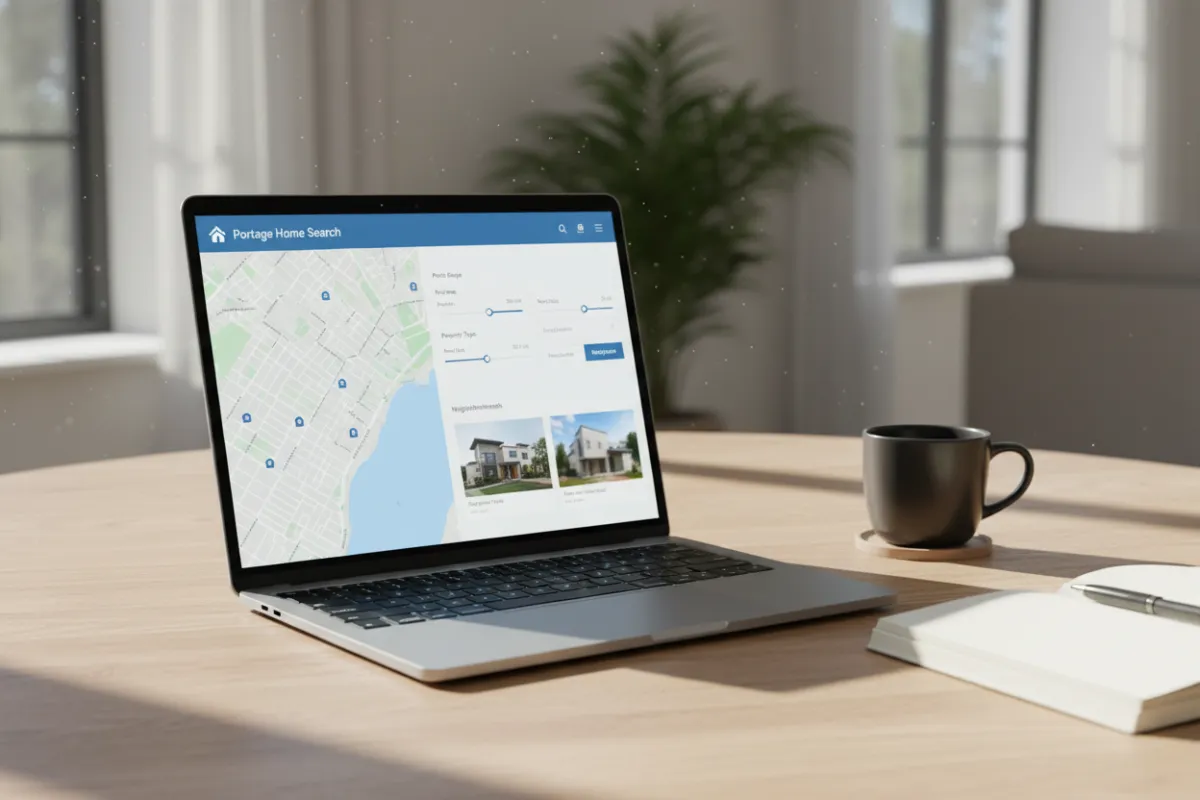 Modern laptop on a wooden table displaying Portage home search interface with IDX integration. The screen shows a map, filters, and property thumbnails. Sunlight streams through a window, with a coffee mug and notepad nearby. 3:2 aspect ratio.