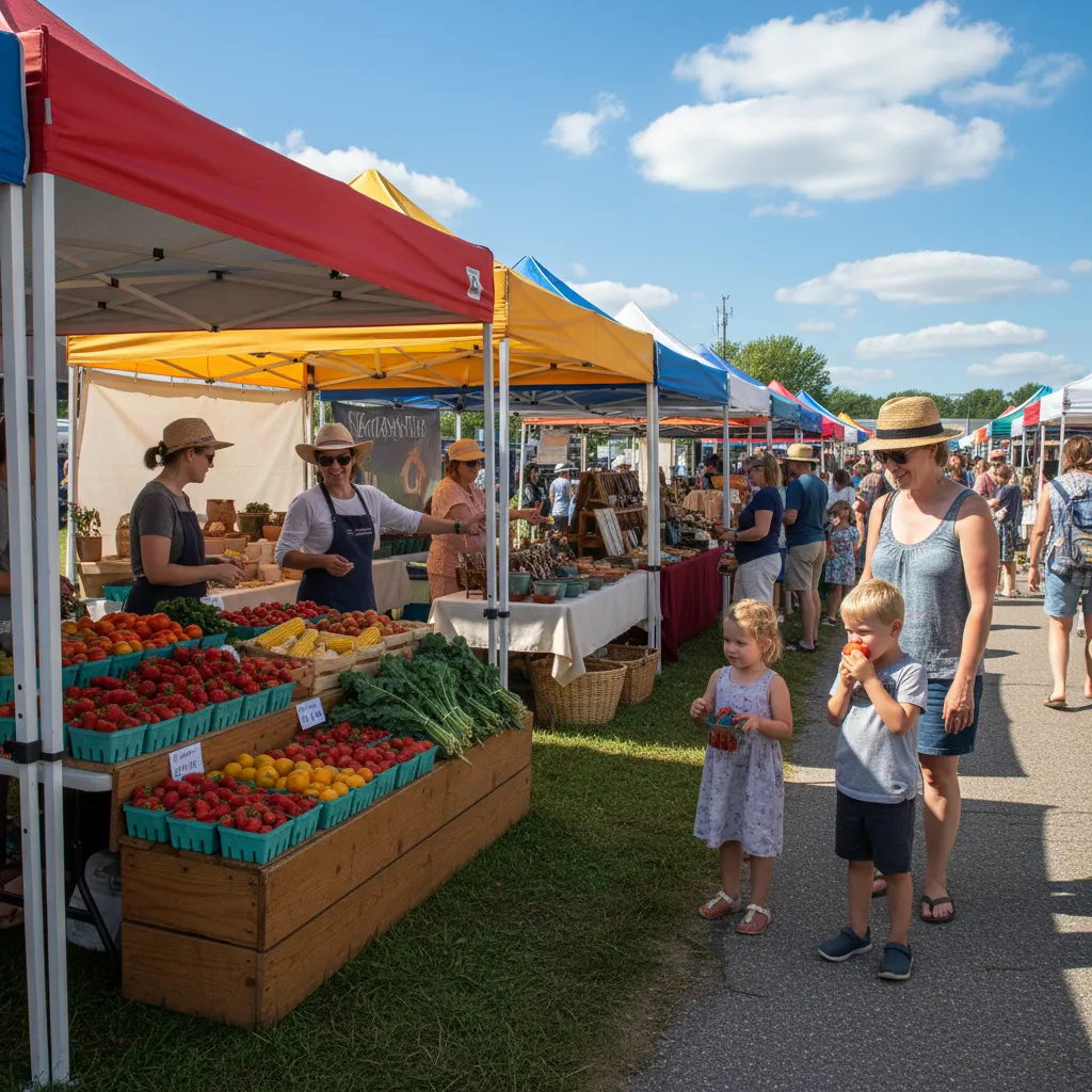 A vibrant farmers market in Mattawan, vendors with fresh produce, families browsing, and colorful tents under a clear sky.