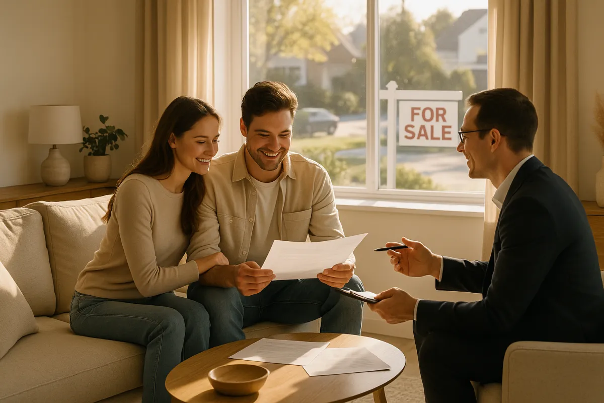 A young couple listing their home with a trusted real  estate professional in Kalamazoo area with a for sale sign in yard