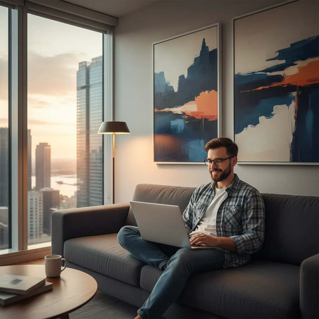 A young man with glasses and a beard, wearing a casual shirt, sitting on a modern sofa with a laptop, looking content. The living room features abstract art and a large window with city views. 1:1 aspect ratio.