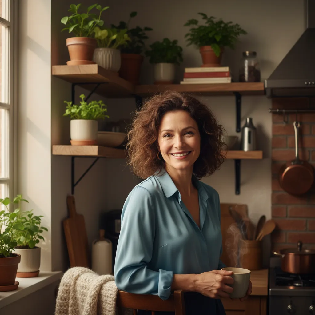 A middle-aged woman with curly hair, wearing a blue blouse, smiling warmly in a cozy kitchen with plants and wooden shelves. The background is softly lit, creating a welcoming, lived-in feel. 1:1 aspect ratio.