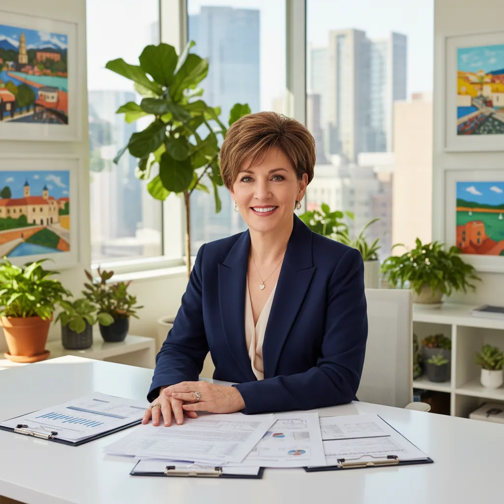 Realtor Sarah, smiling, in office