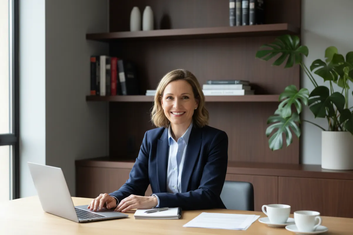 A professional real estate advisor, mid-40s, sitting at a desk with a laptop and notepad, smiling warmly, with a bookshelf and plant in the background, modern office setting.