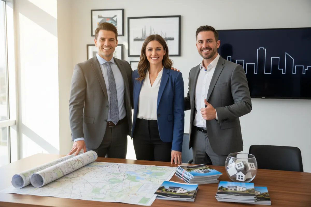 A photorealistic group portrait of three real estate professionals—one woman and two men—smiling in a modern office with local maps and property brochures on the table, sunlight highlighting their approachable demeanor and collaborative spirit.