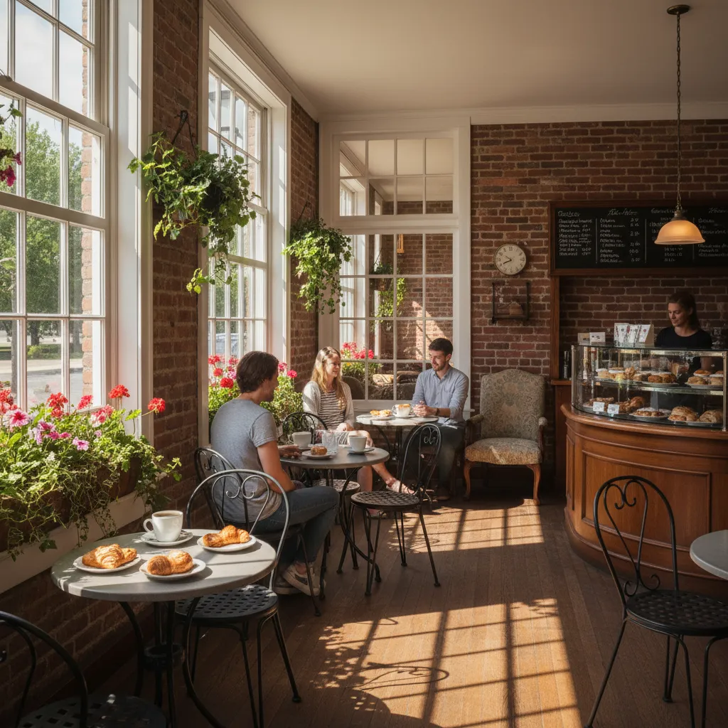 A cozy Mattawan café with outdoor seating, people enjoying coffee, and flower boxes on the windowsills.
