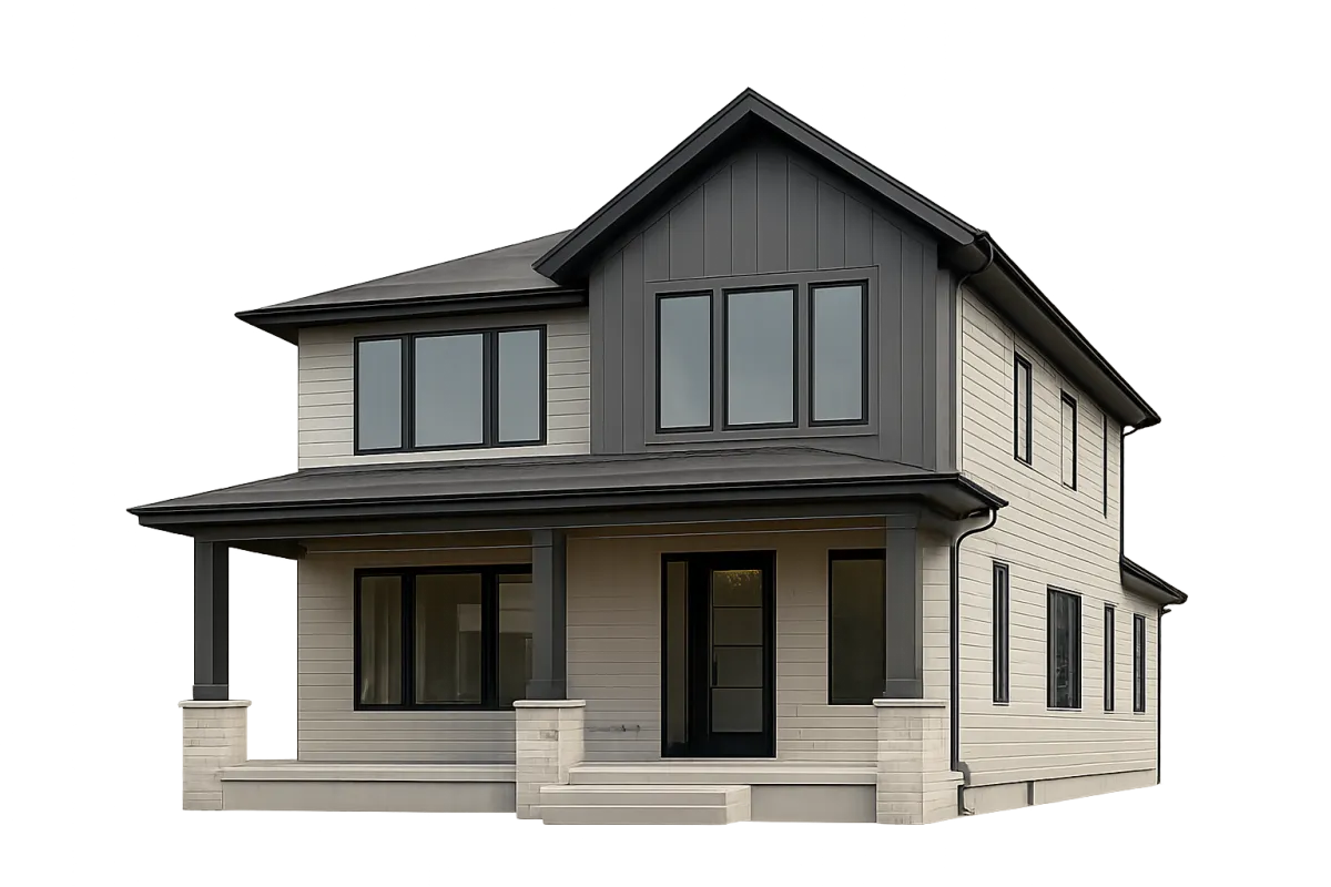 A contemporary two-story home with large windows and a welcoming front porch, isolated on a transparent background. The house features clean lines, neutral colors, and no surrounding landscape or props, emphasizing the architecture. No background elements are present, ensuring the home stands out crisply and clearly.