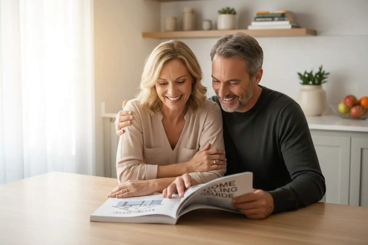 A cheerful middle-aged couple reviewing a home selling guide together at a kitchen table, with natural light streaming in, modern decor, and a sense of optimism and teamwork.