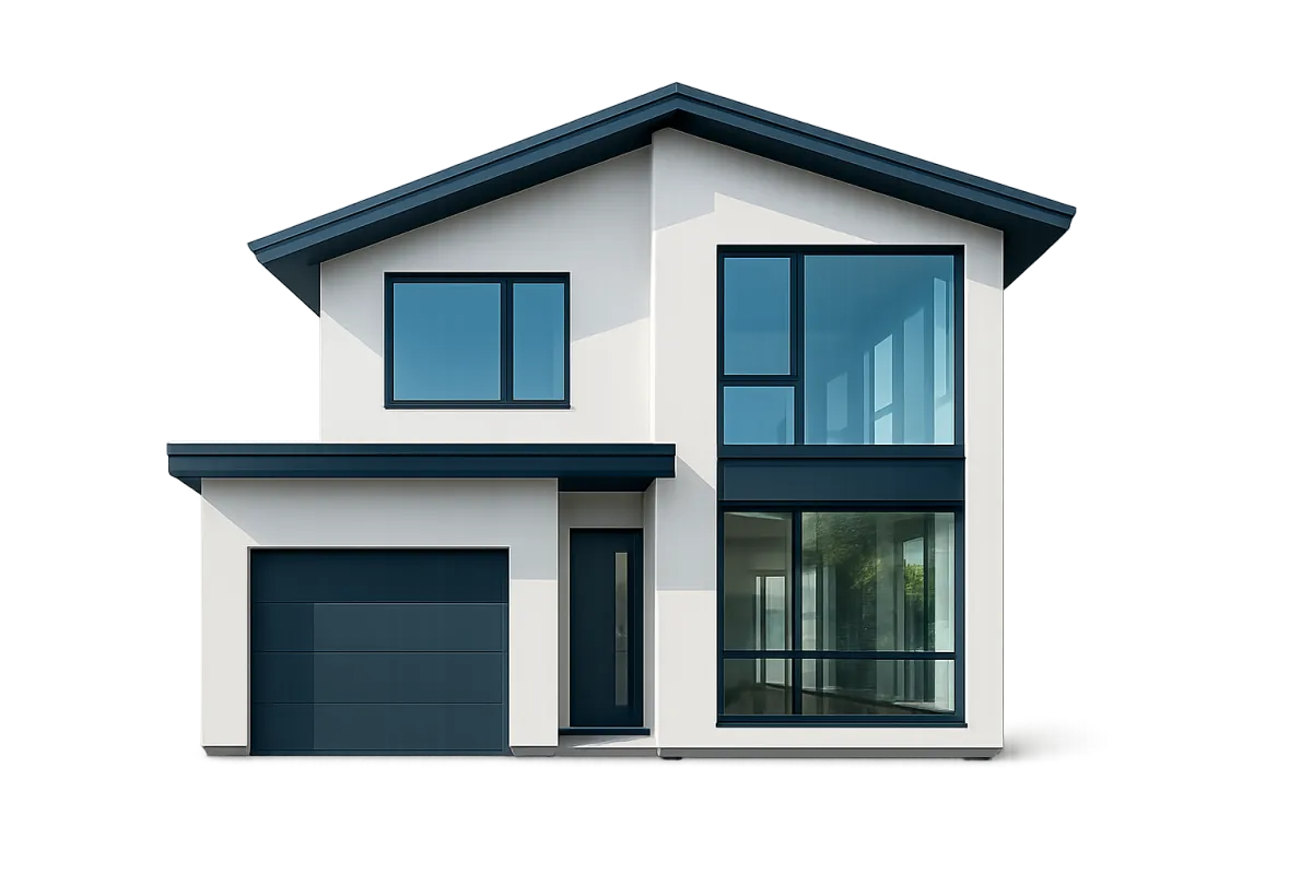 A contemporary two-story home with blue trim and large windows, isolated on a transparent background. The house is centered, with no visible background or props, highlighting clean lines and modern architecture, evoking a sense of new beginnings in Richland, MI.