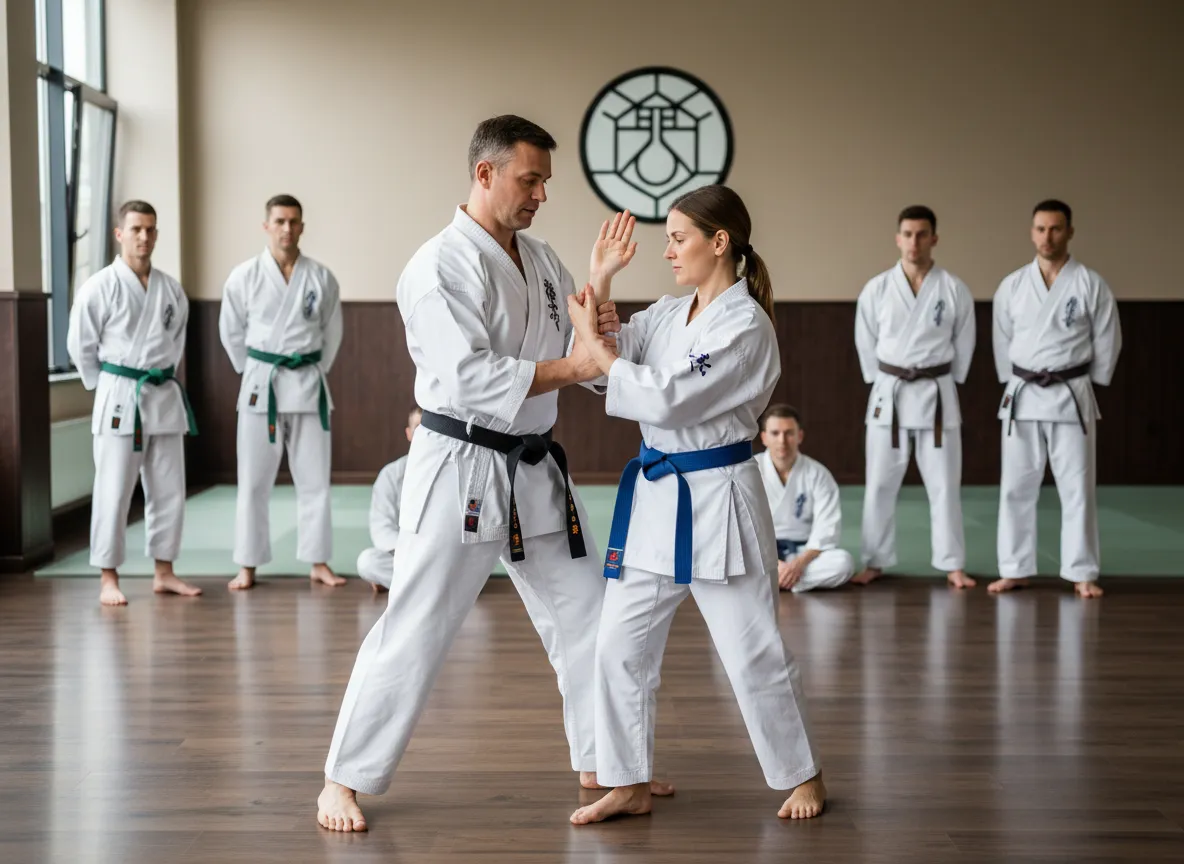 Instructor demonstrating self-defense techniques with adult karate students