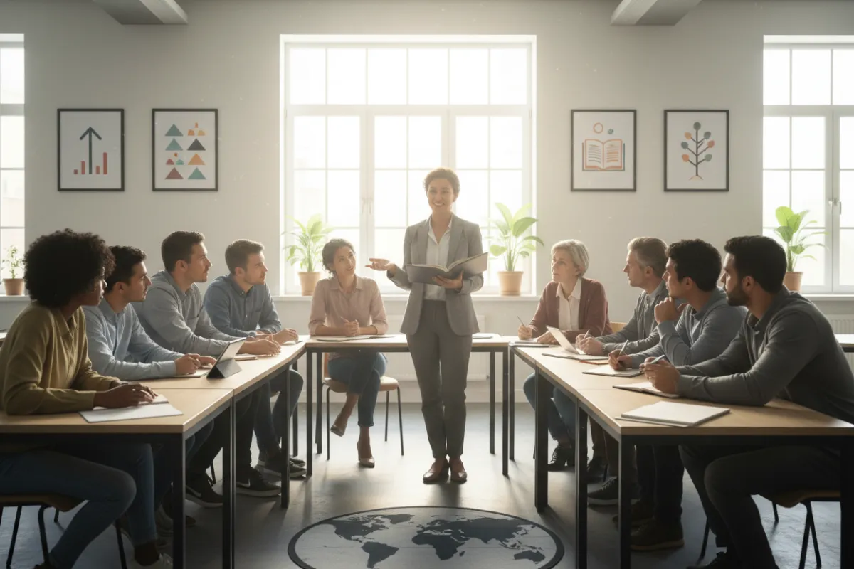 A passionate educator stands in a bright classroom, holding an open book and engaging a diverse group of adult learners. The setting is modern, with natural light and educational posters, symbolising inspiration and inclusivity.