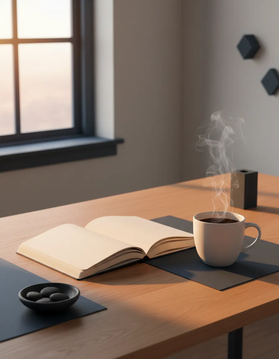 Calming morning journal on a bright, high-key desk