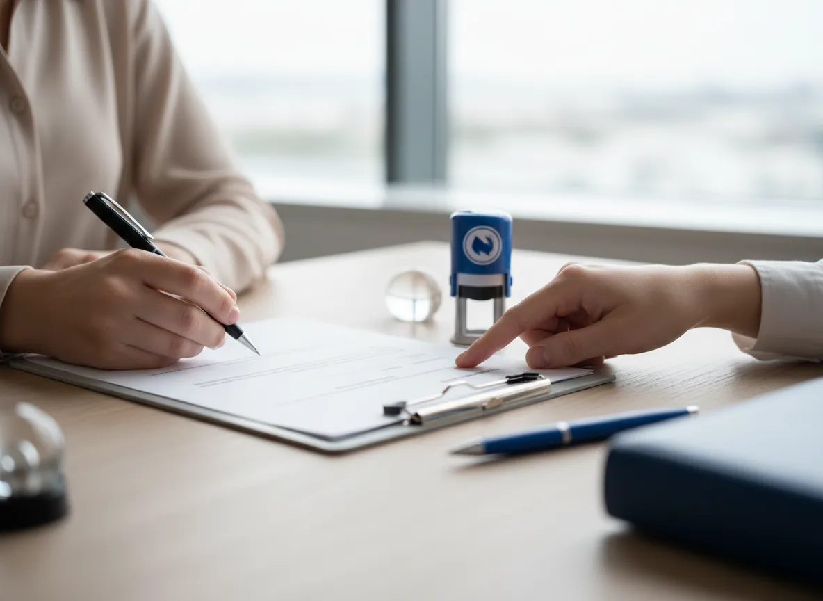 Person signing an acknowledgment document in front of a notary