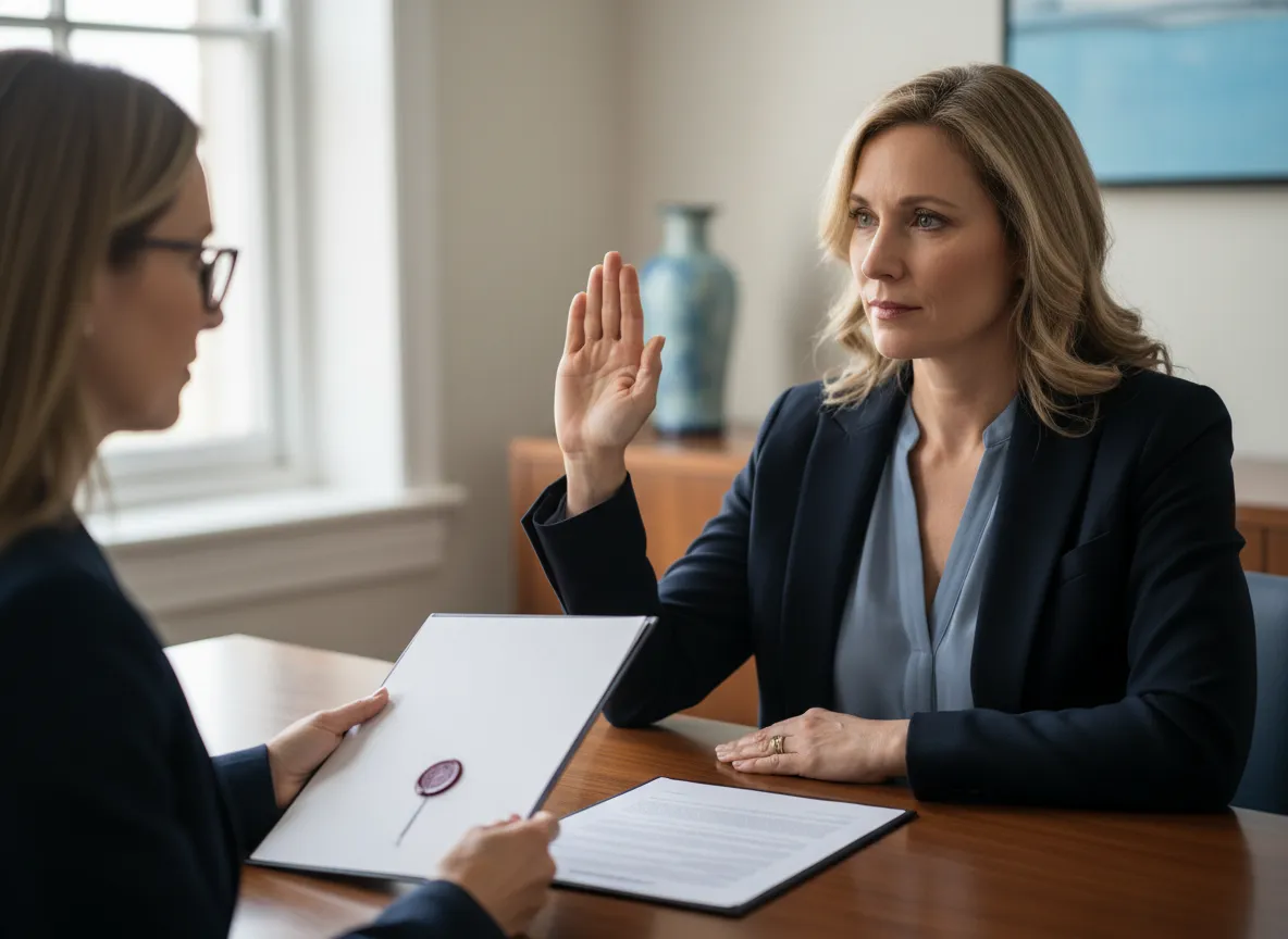 Notary administering a jurat with raised right hand
