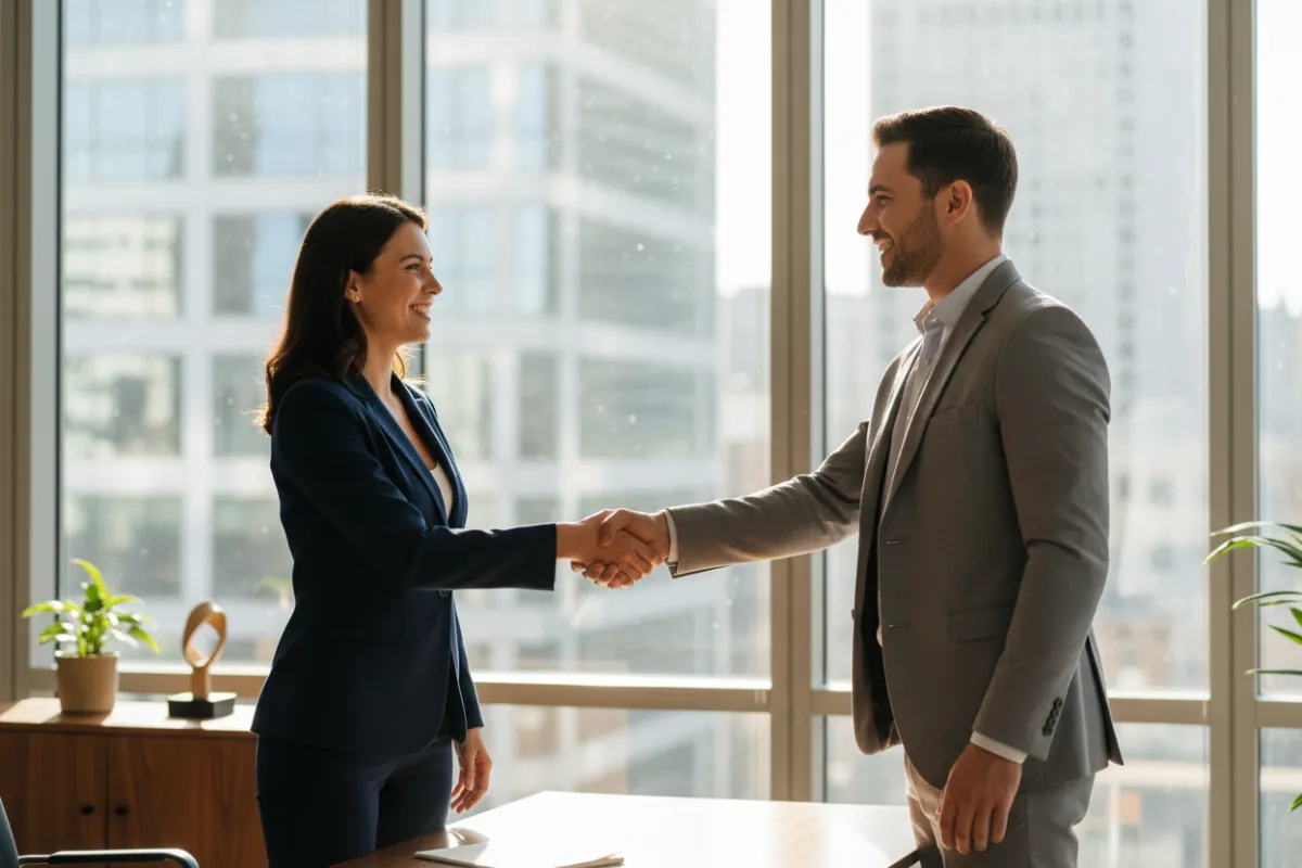A joyful business owner shaking hands with a new client in a sunlit office, both smiling and confident.