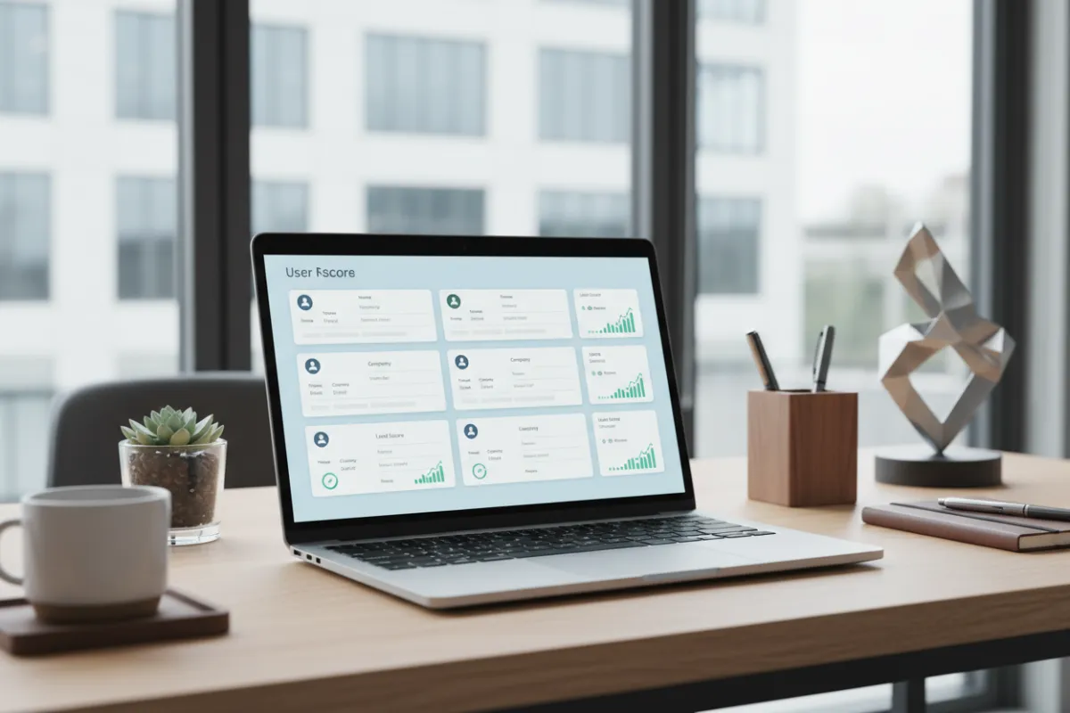 A dashboard displaying high-intent leads with detailed information, viewed on a laptop in a bright, modern workspace.