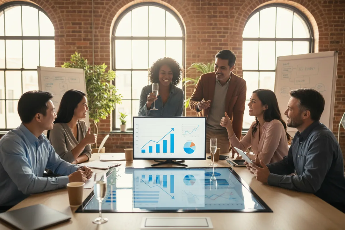 A diverse group of small business owners, including men and women of various ages and ethnicities, gather around a modern workspace, reviewing digital reports and celebrating a business milestone. Warm natural light fills the room, and the atmosphere is optimistic and collaborative, reflecting success and growth.