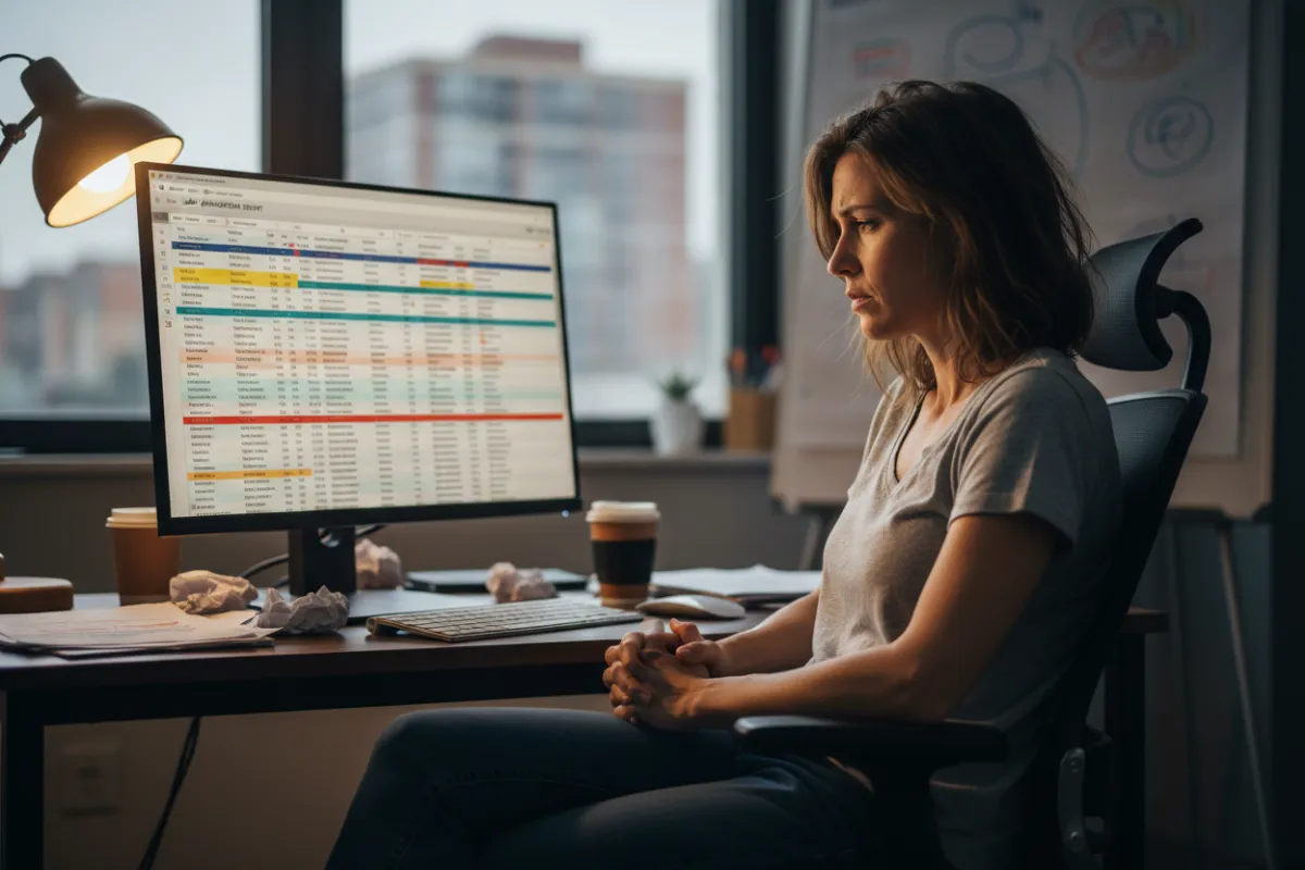 A business owner looking at a computer screen filled with unqualified leads, appearing frustrated in a softly lit office.