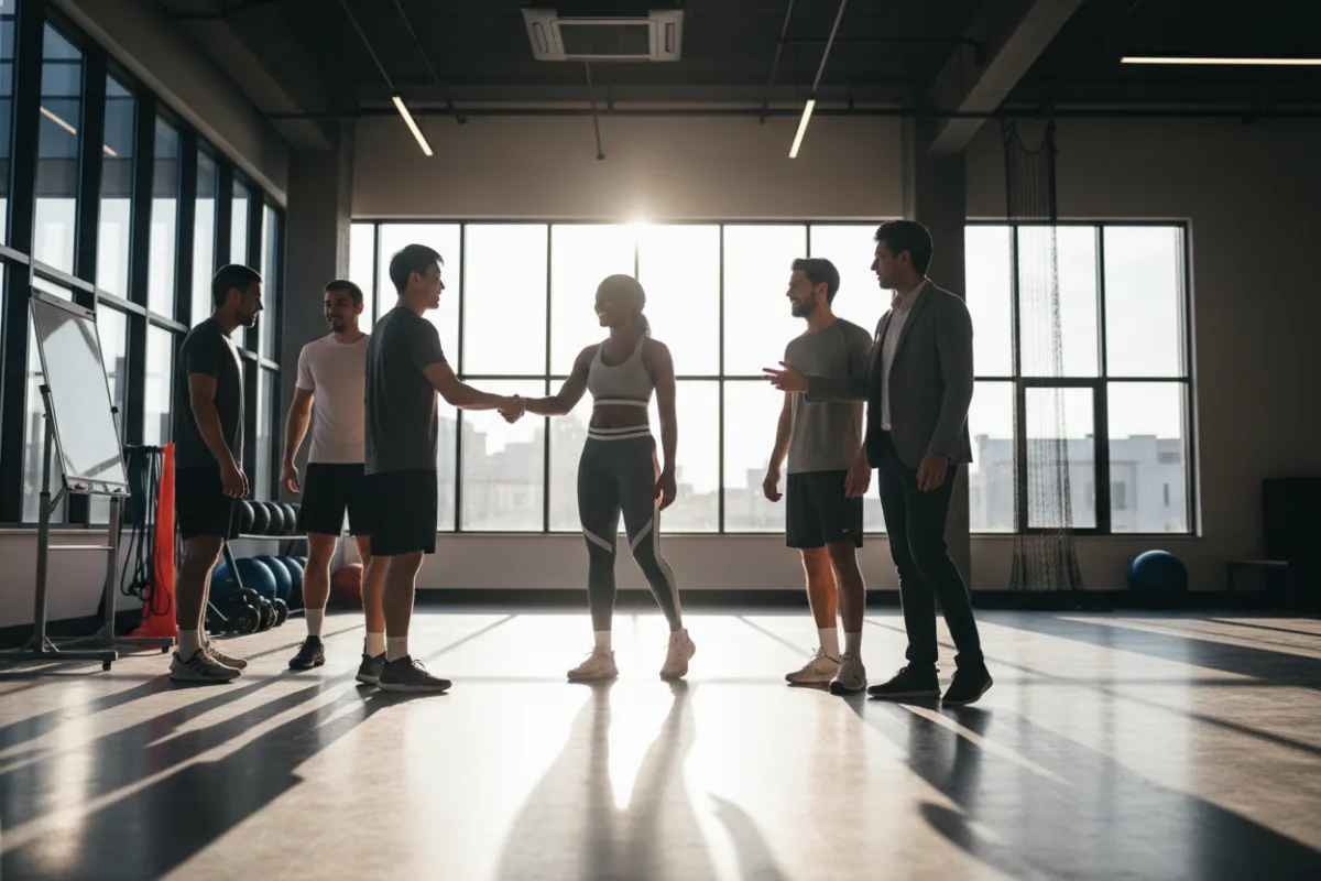 Photorealistic image of sports owners and athletes collaborating in a professional training facility—diverse, candid, supportive, and focused on success.
