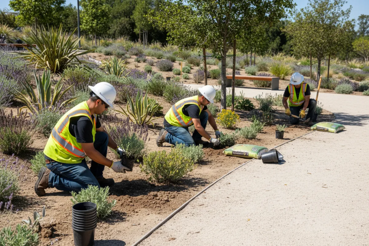 Landscape team installing drought-tolerant plantings along curved pathway, native shrubs, and sustainable design.