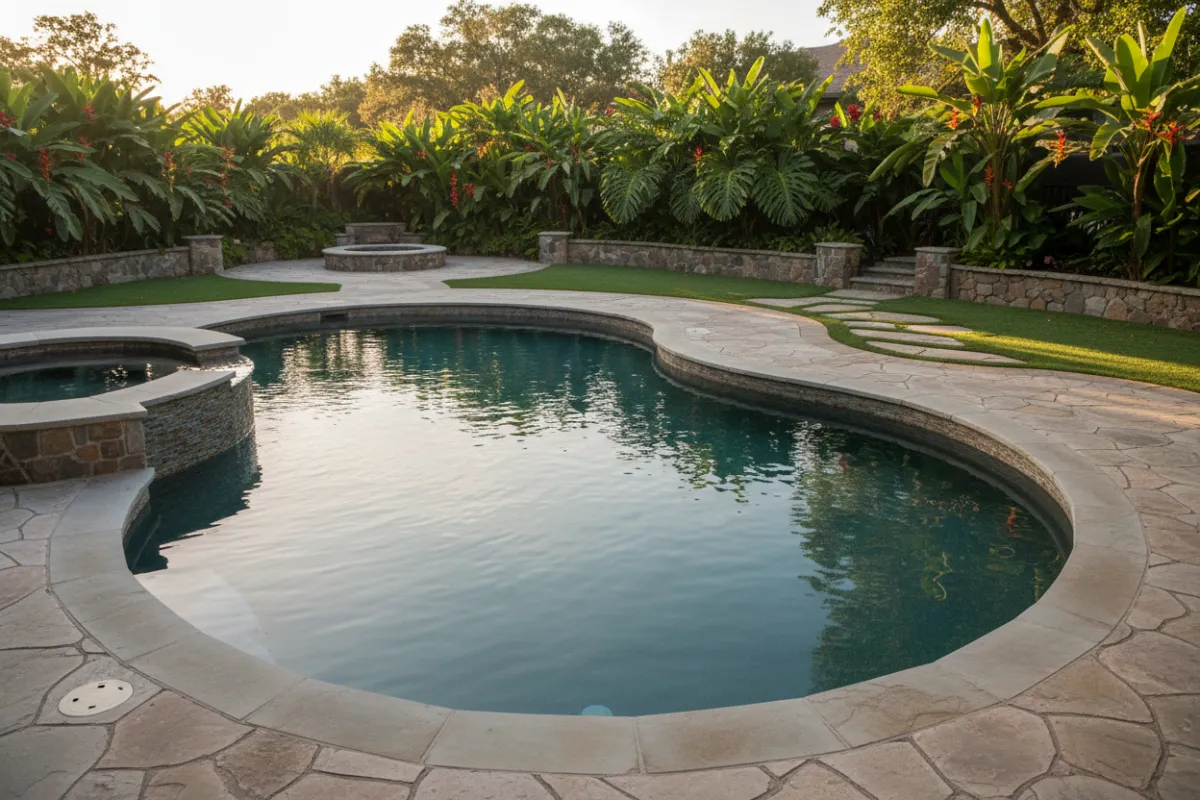 Wide-angle, photorealistic image of a recently renovated suburban backyard: new stone patio, raised flower beds with native plants, soft evening light, crew tools neatly stored off to side, clean lines, lush greenery, showcasing craftsmanship and modern hardscape design.