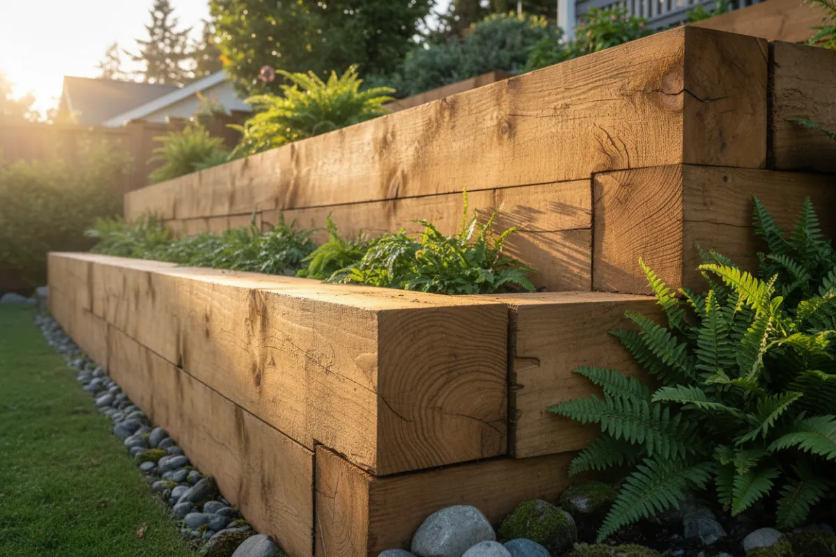 Custom timber retaining wall bordering a terraced garden with native ferns, precision carpentry, and long-lasting materials in a residential setting.