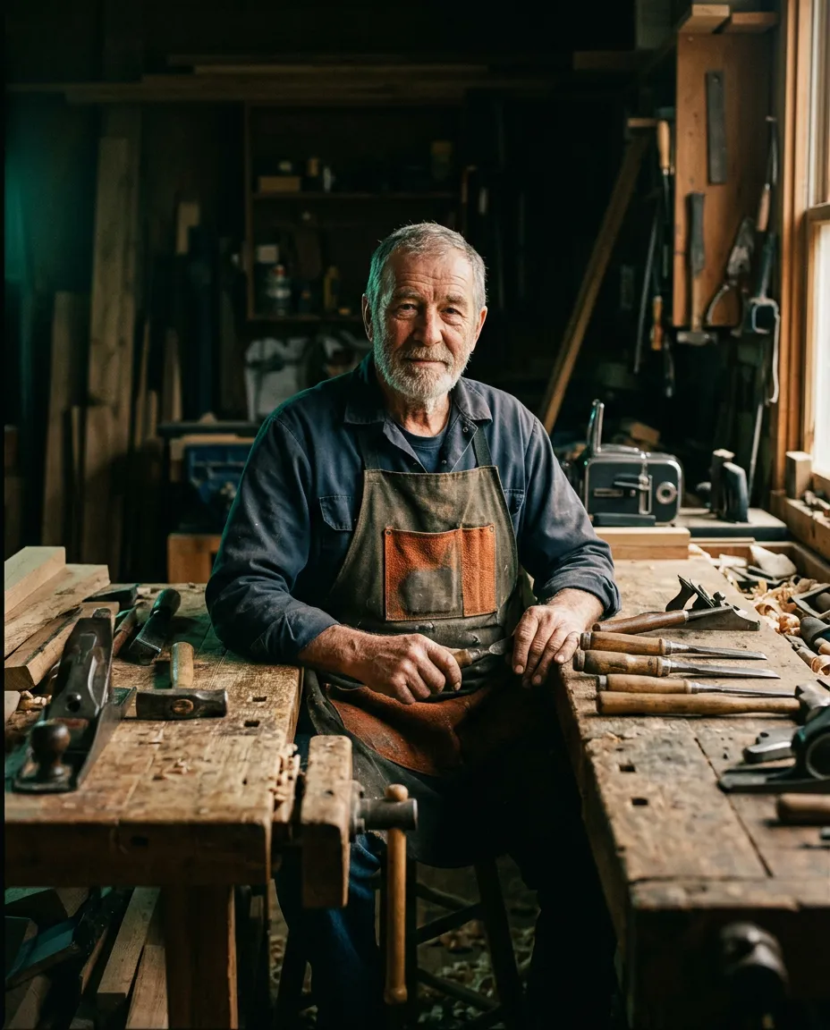 Cinematic high-grain photograph of a dedicated local craftsman in warm afternoon light