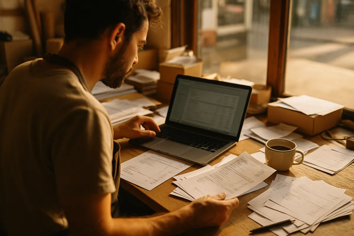 Busy small-business owner at a cluttered desk with laptop, invoices, and a coffee cup in warm morning light, candid documentary style.