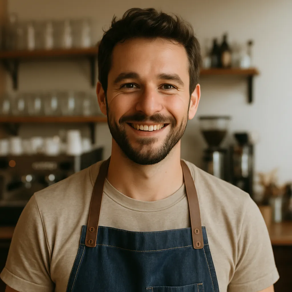 Portrait of Tom B., a smiling café owner in front of an espresso bar