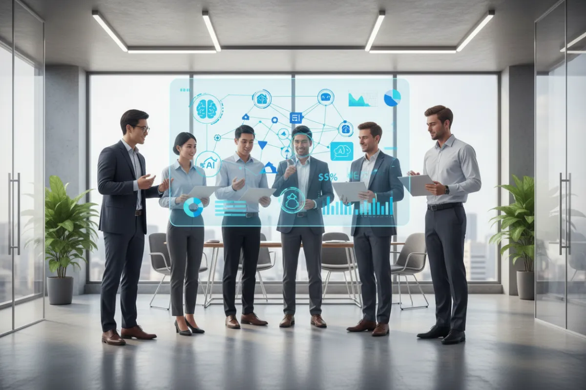 A diverse team of real estate agents collaborating around a digital screen displaying automated workflows, with AI icons and property data visualizations, in a modern, glass-walled office. The scene conveys teamwork, innovation, and seamless technology integration.